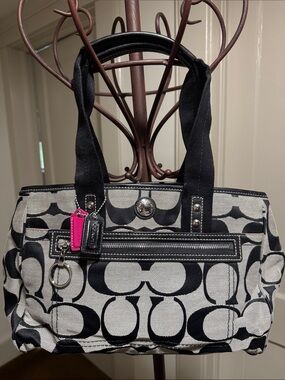 Coach Black and Gray Signature Canvas Tote with Pink Accent tag